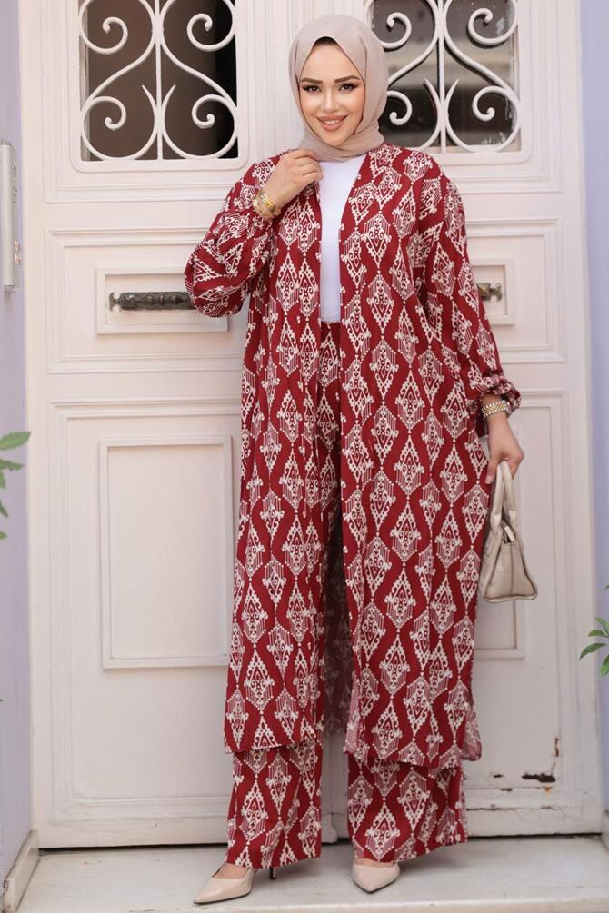 Desenli Bordo Tesettür İkili Kimono Takım 12888BR - 3