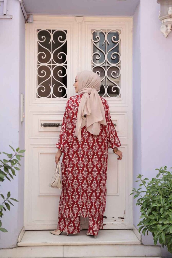 Desenli Bordo Tesettür İkili Kimono Takım 12888BR - 4