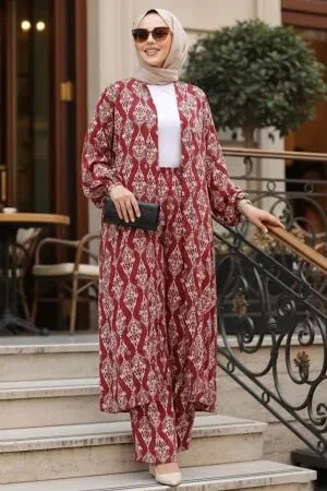 Desenli Bordo Tesettür İkili Kimono Takım 12888BR 