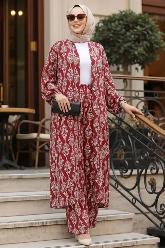Desenli Bordo Tesettür İkili Kimono Takım 12888BR - 1