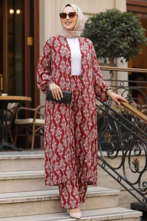 Desenli Bordo Tesettür İkili Kimono Takım 12888BR 