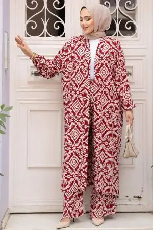 Desenli Bordo Tesettür İkili Kimono Takım 12889BR - 2