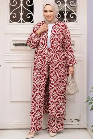 Desenli Bordo Tesettür İkili Kimono Takım 12889BR - 3