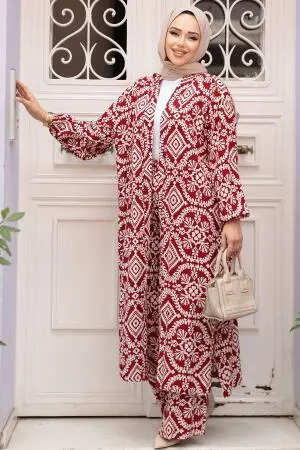 Desenli Bordo Tesettür İkili Kimono Takım 12889BR - 1