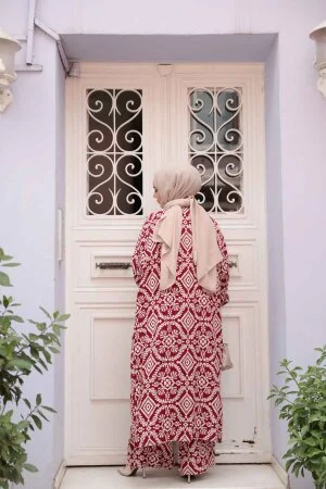 Desenli Bordo Tesettür İkili Kimono Takım 12889BR - 4