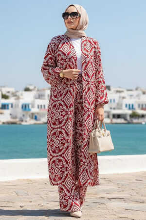 Desenli Bordo Tesettür İkili Kimono Takım 12889BR 