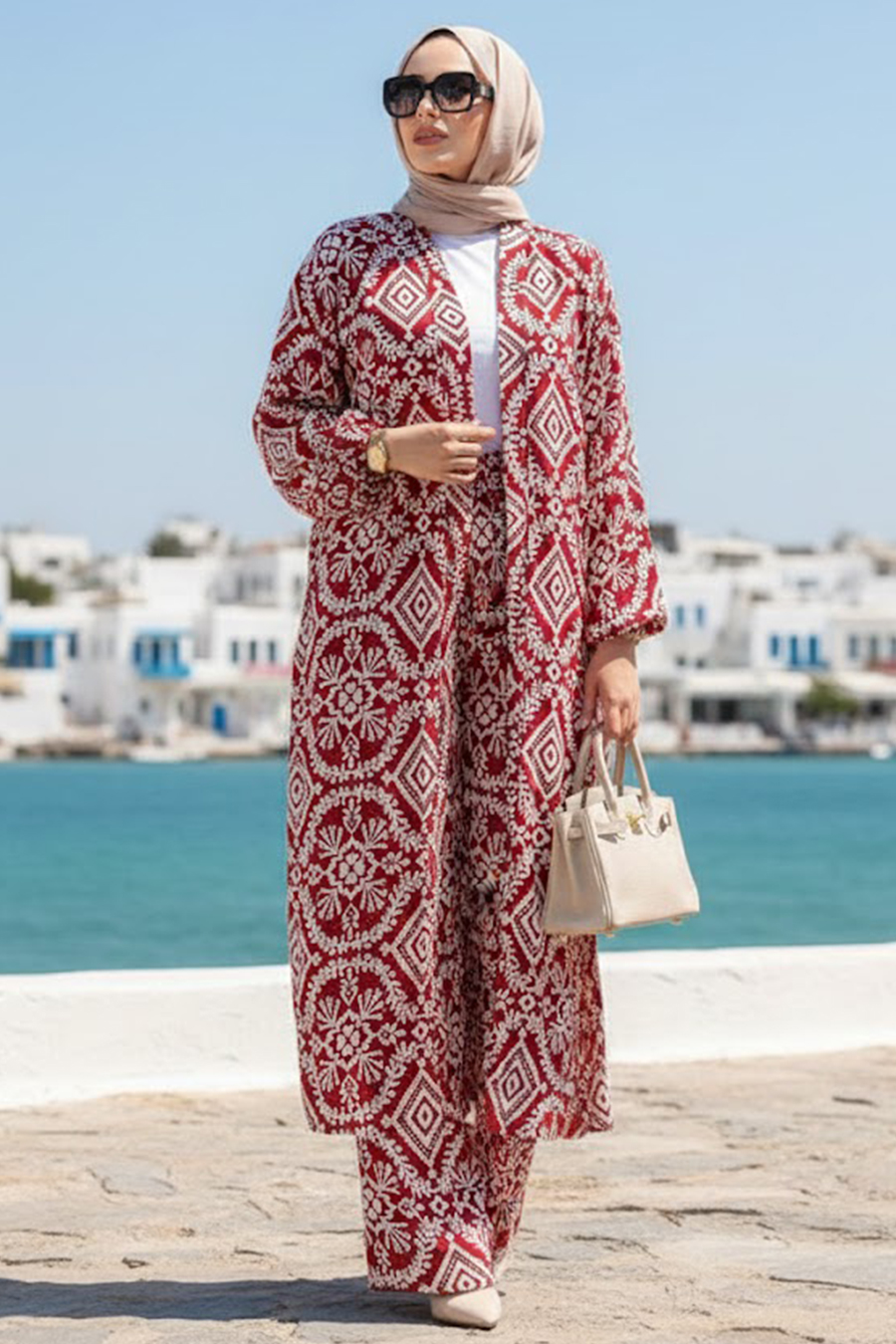 Desenli Bordo Tesettür İkili Kimono Takım 12889BR