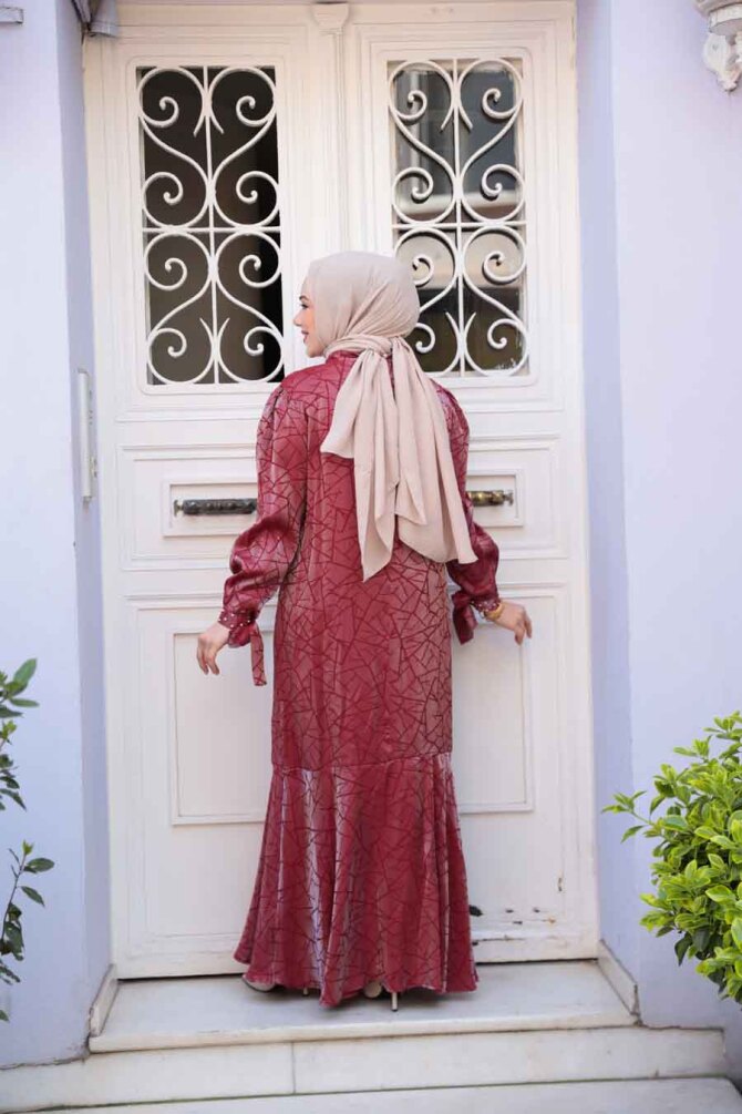 Desenli Bordo Tesettür Saten Elbise 4457BR - 3