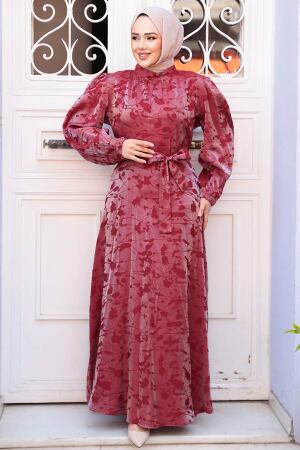 Desenli Bordo Tesettür Saten Elbise 52921BR 