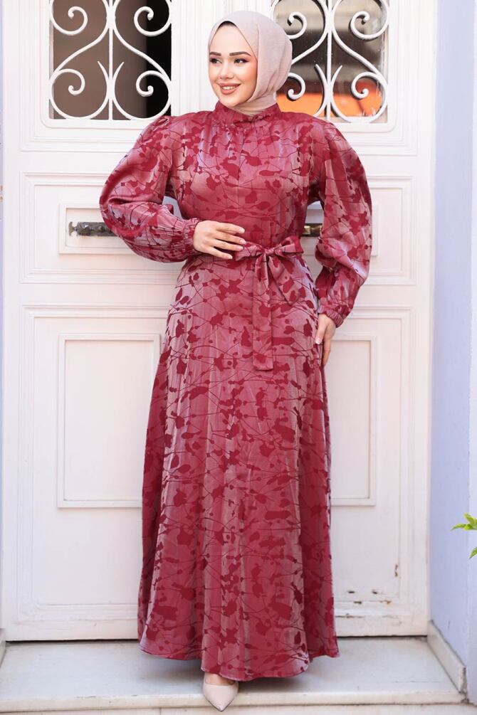 Desenli Bordo Tesettür Saten Elbise 52921BR - 1