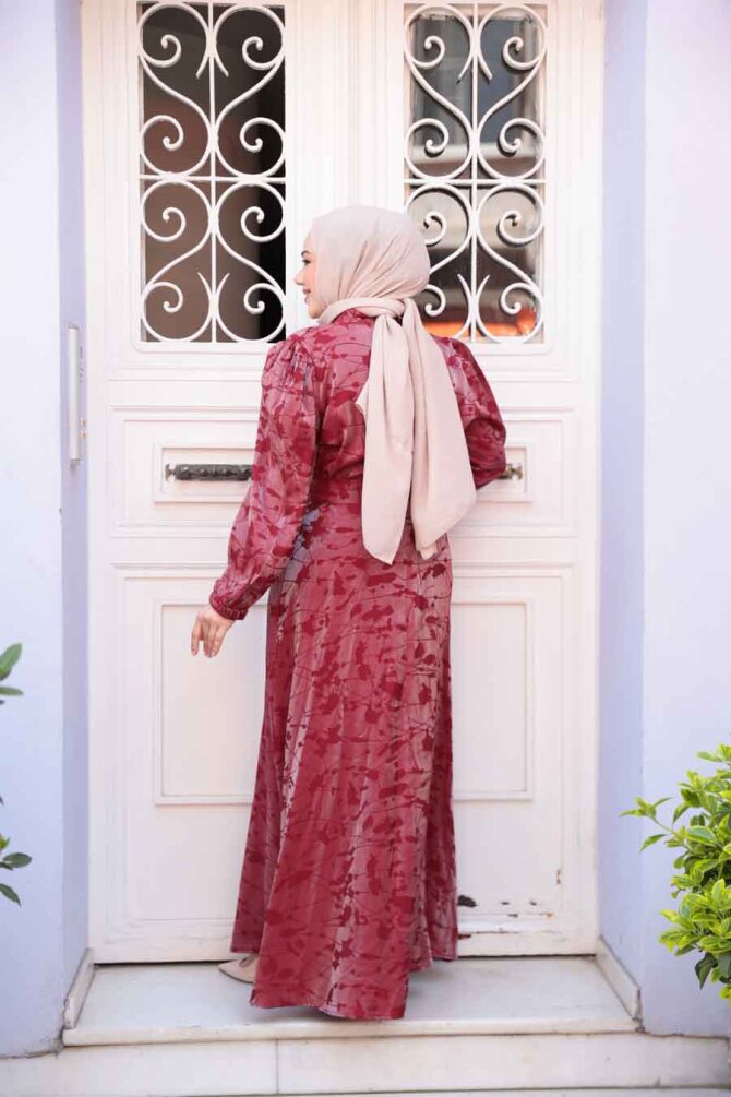 Desenli Bordo Tesettür Saten Elbise 52921BR - 4