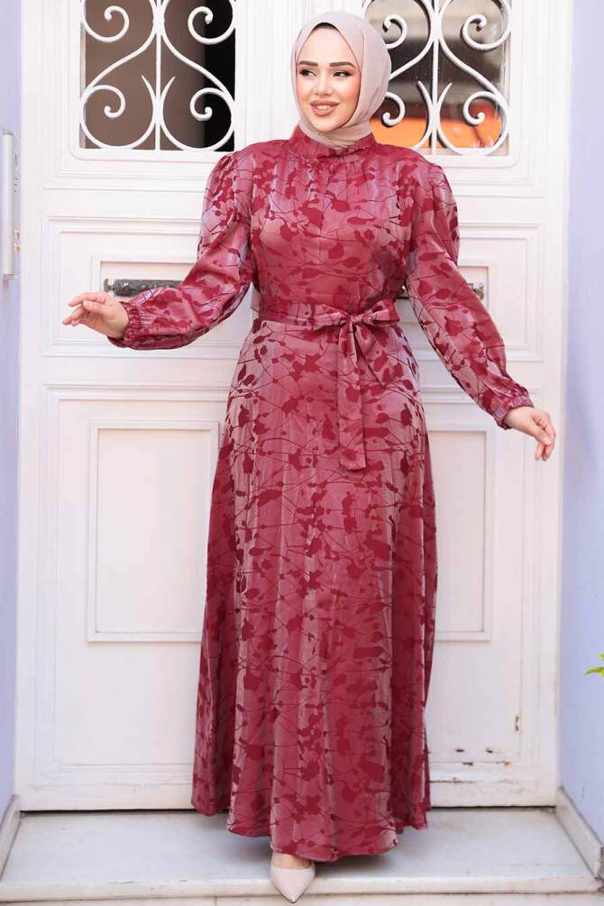 Desenli Bordo Tesettür Saten Elbise 52921BR - 2