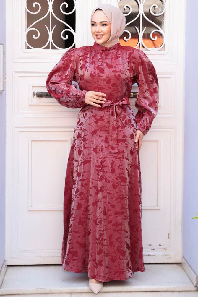 Desenli Bordo Tesettür Saten Elbise 52921BR - 3