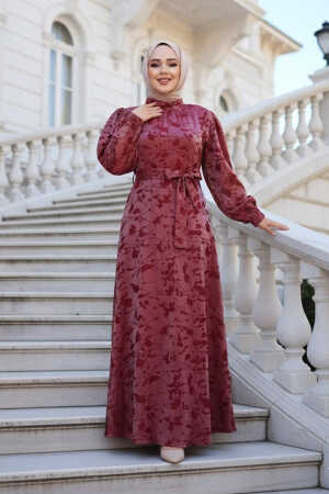 Desenli Bordo Tesettür Saten Elbise 52921BR - 1