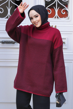 Desenli Bordo Tesettür Triko Tunik Kazak 71502BR - 1