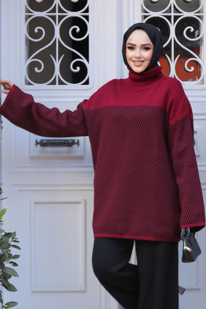 Desenli Bordo Tesettür Triko Tunik Kazak 71502BR - 2