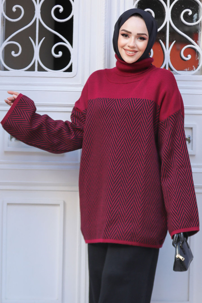 Desenli Bordo Tesettür Triko Tunik Kazak 71502BR - 3