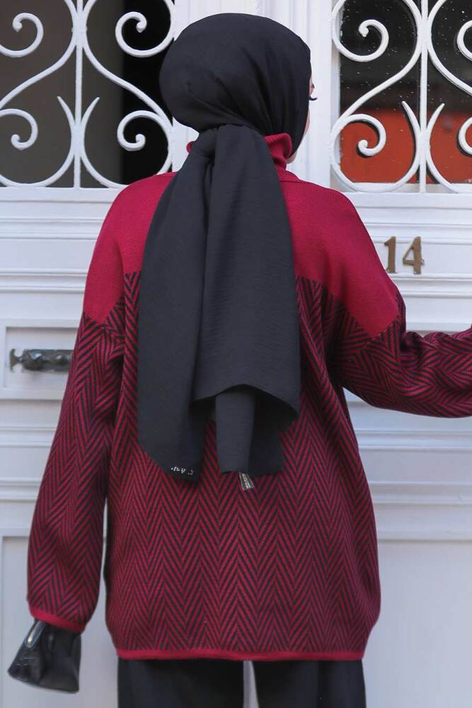 Desenli Bordo Tesettür Triko Tunik Kazak 71502BR - 4