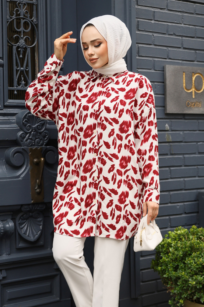 Desenli Bordo Tesettür Tunik 20416BR - NEVA STYLE