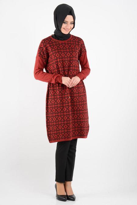 Desenli Bordo Triko Tesettür Tunik 3629BR - 2