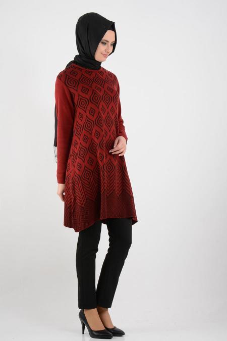 Desenli Bordo Triko Tesettür Tunik 3616BR - 2