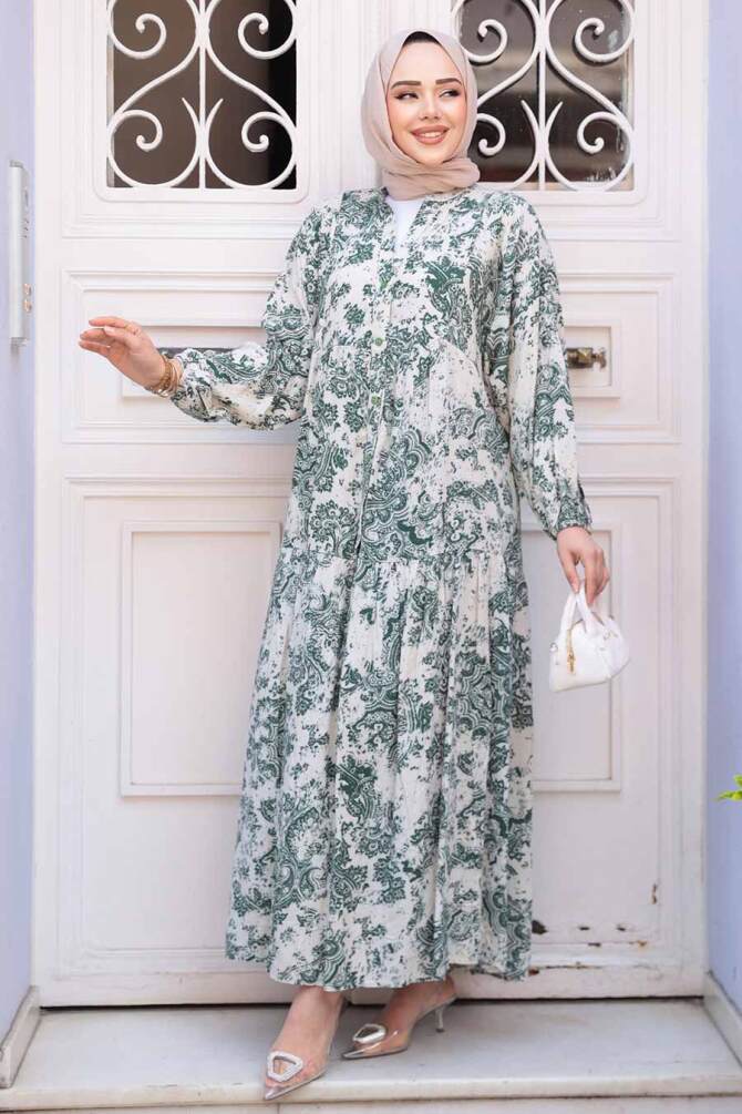 Desenli Çağla Yeşili Tesettür Elbise 52941CY - 3