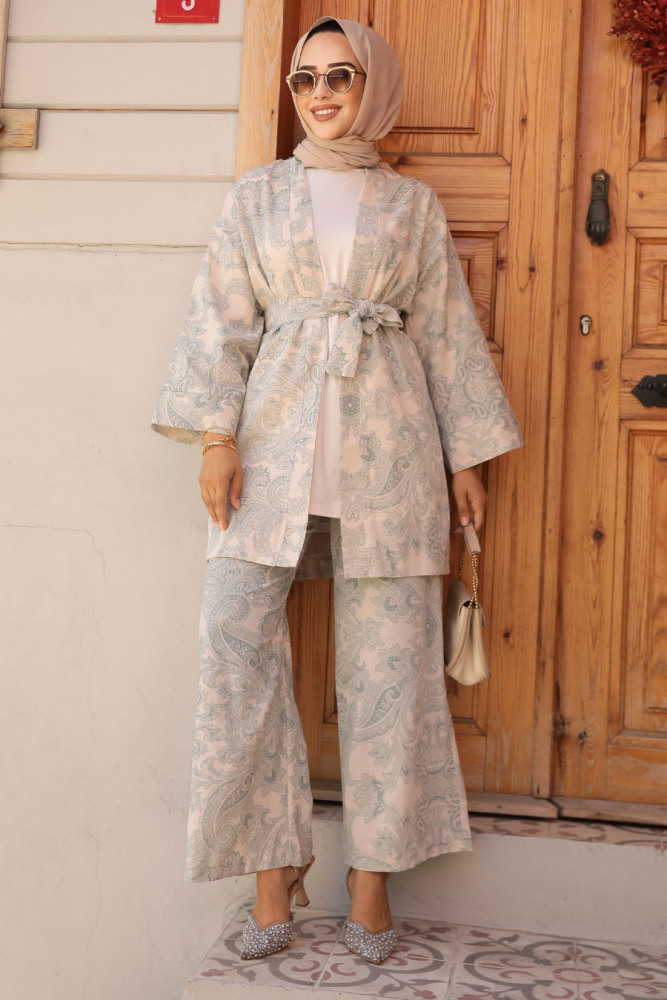 Desenli Çağla Yeşili Tesettür İkili Kimono Takım 12122CY - 1