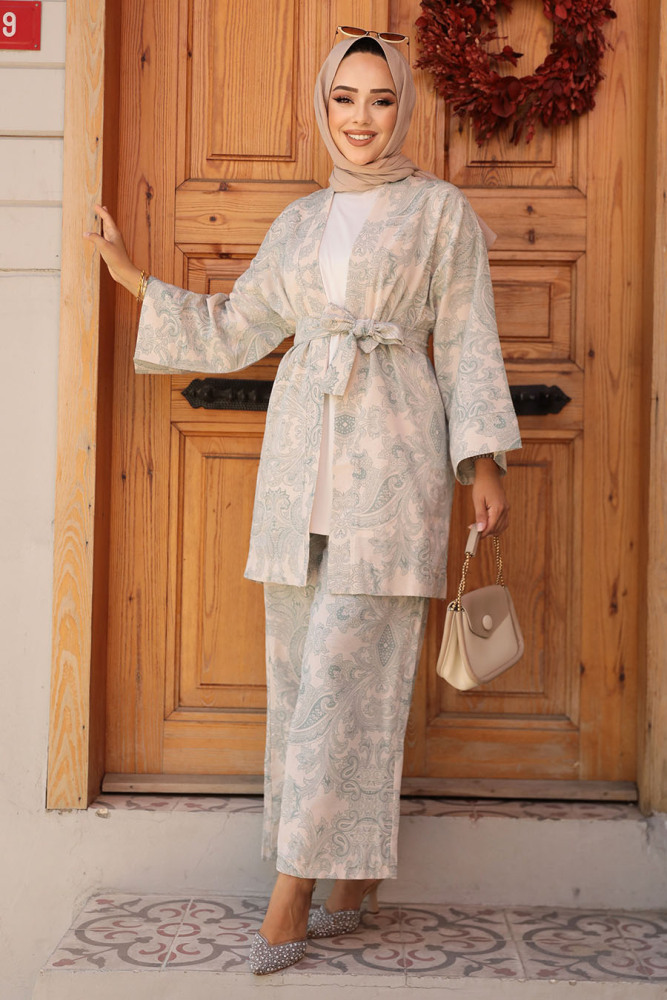 Desenli Çağla Yeşili Tesettür İkili Kimono Takım 12122CY - 3