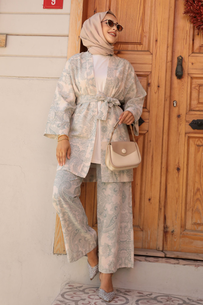Desenli Çağla Yeşili Tesettür İkili Kimono Takım 12122CY - 2