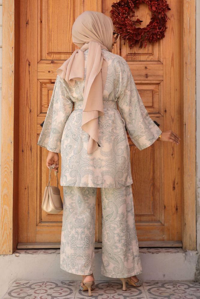 Desenli Çağla Yeşili Tesettür İkili Kimono Takım 12122CY - 4