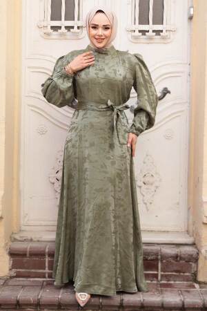 Desenli Çağla Yeşili Tesettür Saten Elbise 52921CY - 1