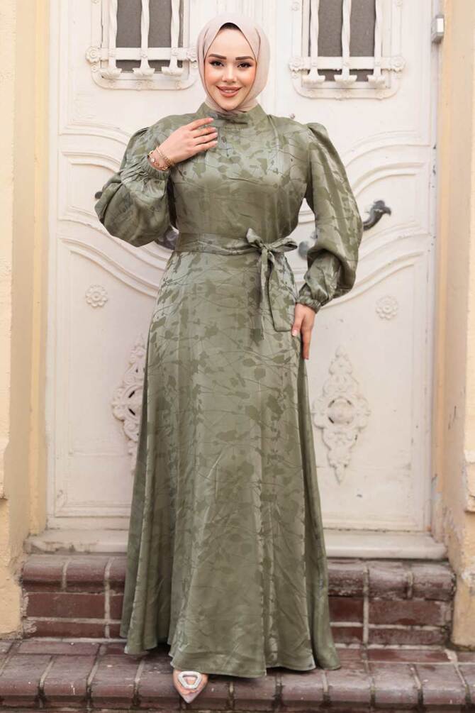 Desenli Çağla Yeşili Tesettür Saten Elbise 52921CY - 1