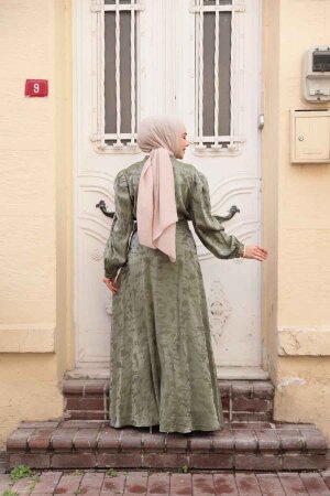 Desenli Çağla Yeşili Tesettür Saten Elbise 52921CY - 3