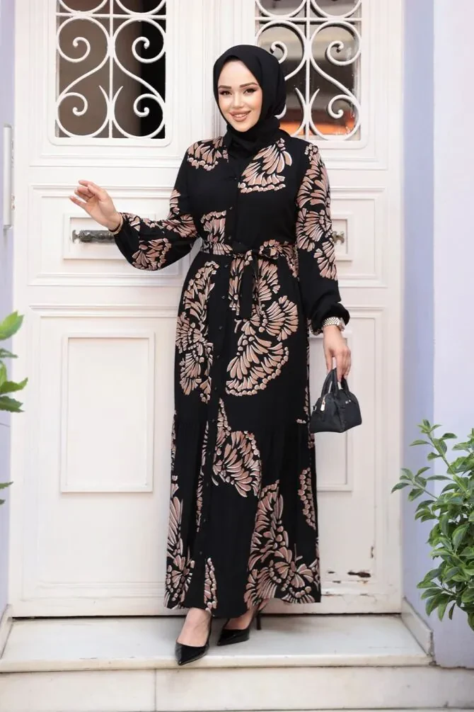 Desenli Camel Tesettür Elbise 239201C - 1