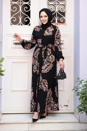 Desenli Camel Tesettür Elbise 239201C 