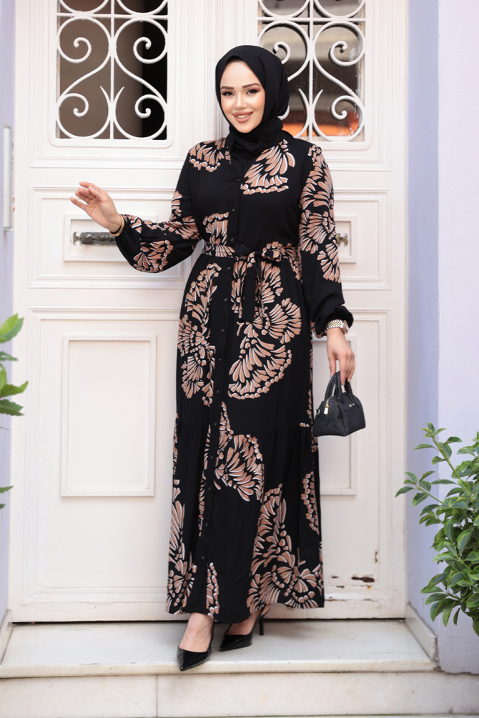 Desenli Camel Tesettür Elbise 239201C - 1