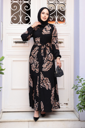 Desenli Camel Tesettür Elbise 239201C - 2