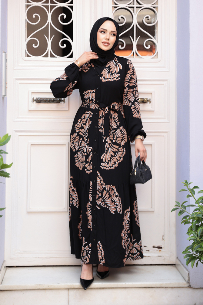 Desenli Camel Tesettür Elbise 239201C - 2