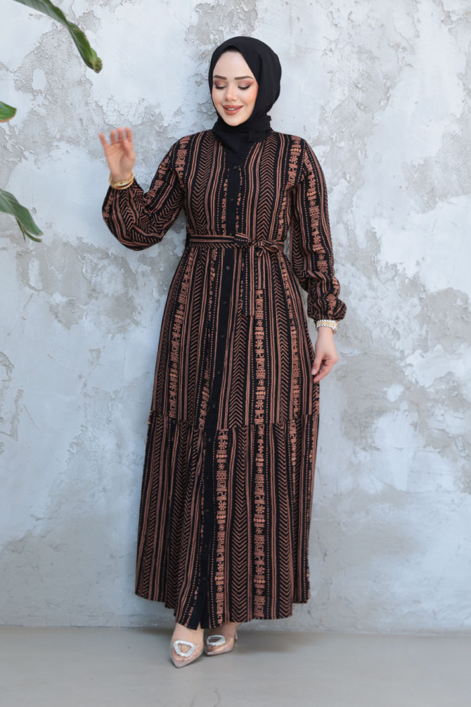 Desenli Camel Tesettür Elbise 23921C - 2