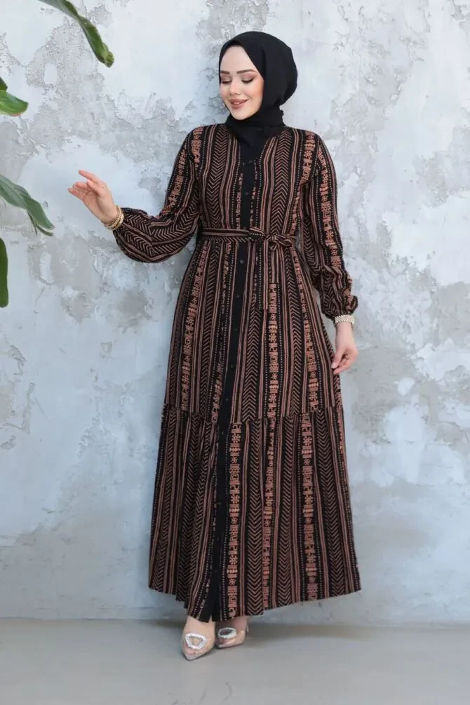 Desenli Camel Tesettür Elbise 23921C - 1