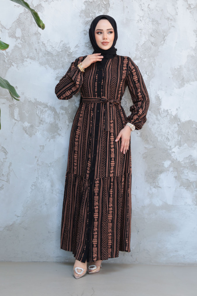 Desenli Camel Tesettür Elbise 23921C - 3