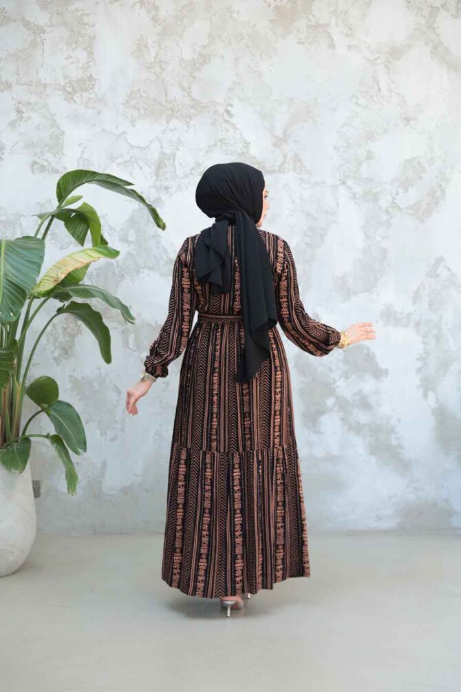 Desenli Camel Tesettür Elbise 23921C - 4