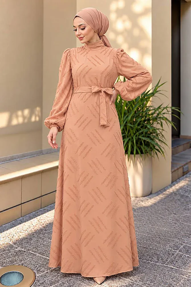 Desenli Camel Tesettür Elbise 5298C - 1