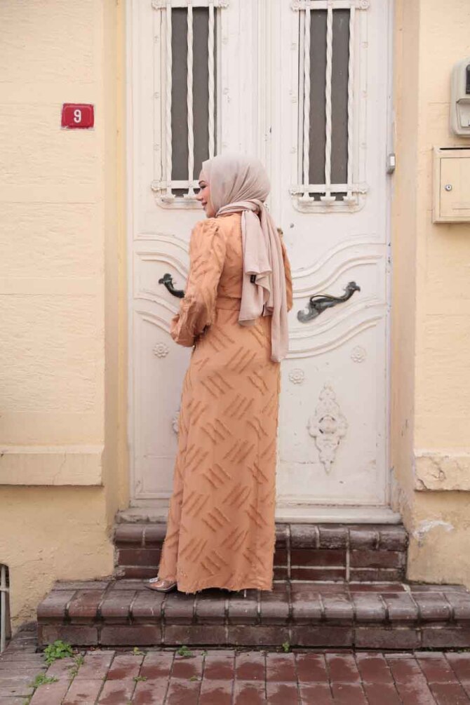 Desenli Camel Tesettür Elbise 5298C - 3