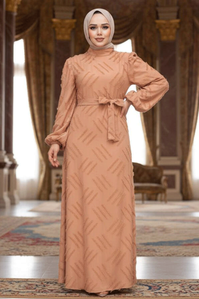 Desenli Camel Tesettür Elbise 5298C - 1