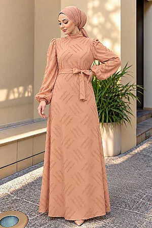 Desenli Camel Tesettür Elbise 5298C 