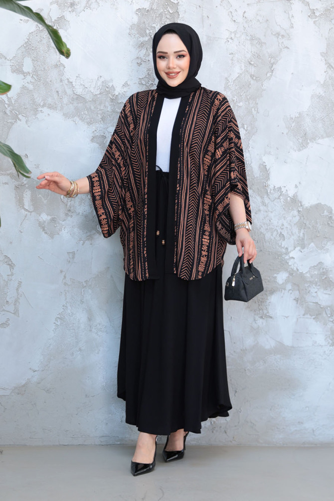 Desenli Camel Tesettür İkili Etekli Kimono Takım 12891C - NEVA STYLE