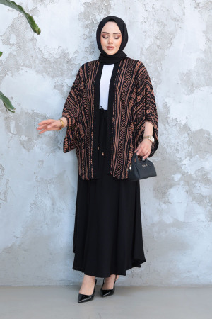 Desenli Camel Tesettür İkili Etekli Kimono Takım 12891C - 2
