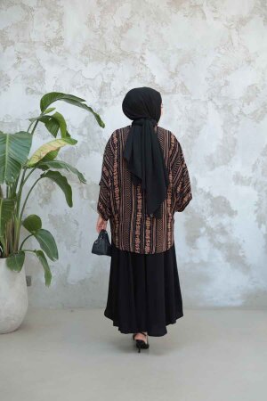 Desenli Camel Tesettür İkili Etekli Kimono Takım 12891C - 3