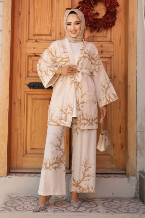 Desenli Camel Tesettür İkili Kimono Takım 12121C - 1